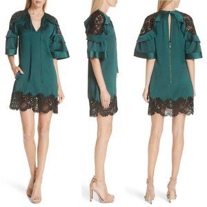 Self-Portrait Lace Trim Shoulder Mini Satin Shift Dress 6 Dark Green. Like new!